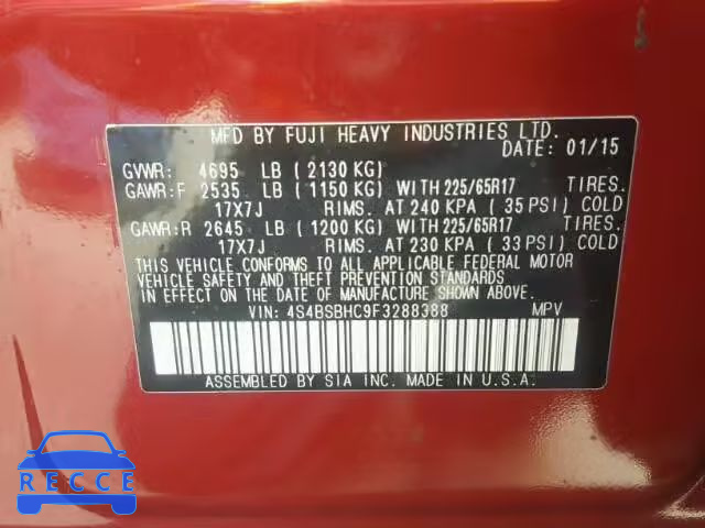 2015 SUBARU OUTBACK 4S4BSBHC9F3288388 image 9