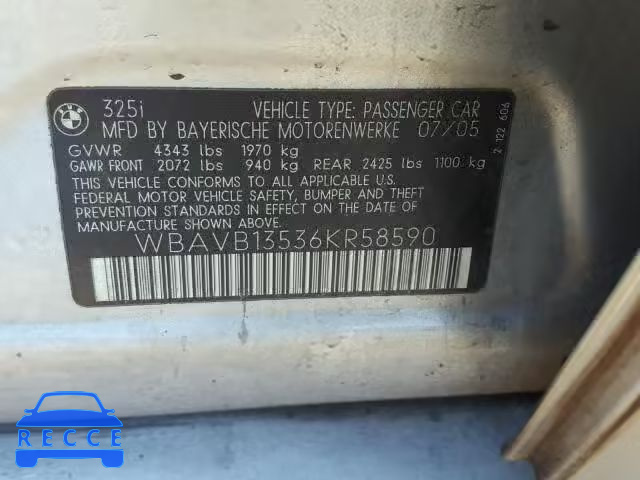 2006 BMW 325 WBAVB13536KR58590 зображення 9