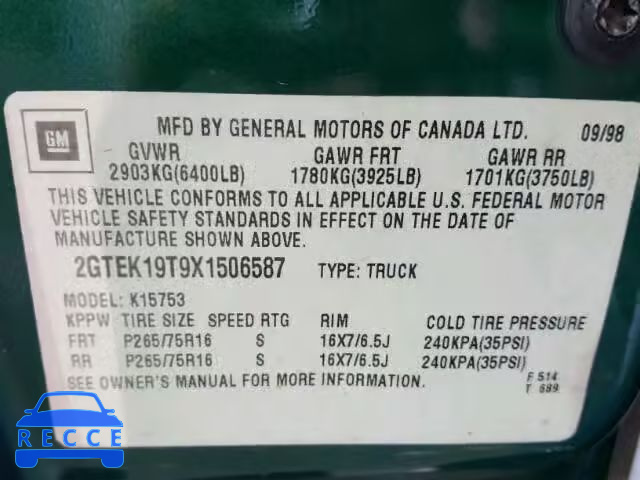1999 GMC NEW SIERRA 2GTEK19T9X1506587 Bild 9