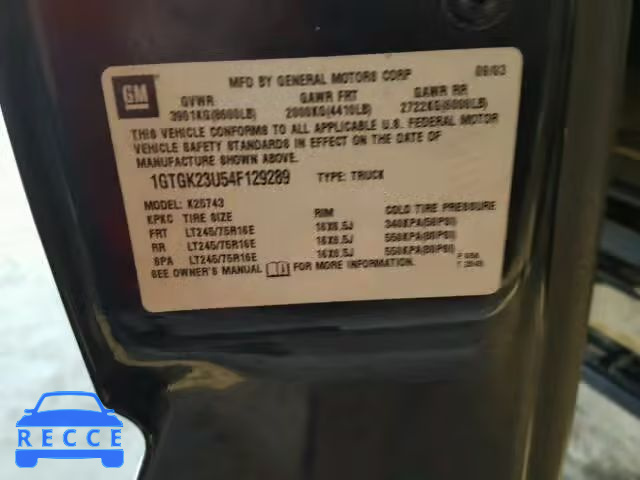 2004 GMC SIERRA 1GTGK23U54F129289 image 9