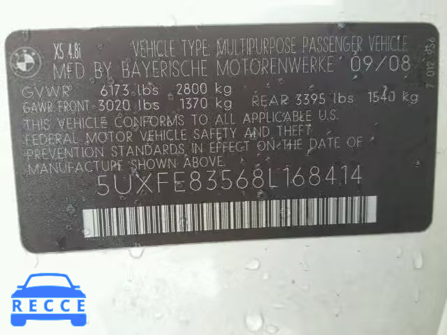 2008 BMW X5 5UXFE83568L168414 зображення 9