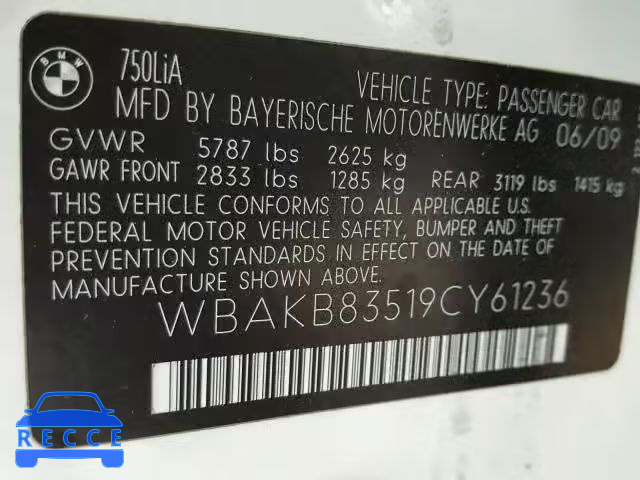 2009 BMW 750 WBAKB83519CY61236 зображення 9