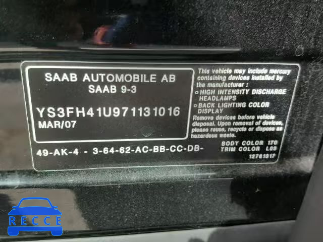 2007 SAAB 9-3 YS3FH41U971131016 зображення 9