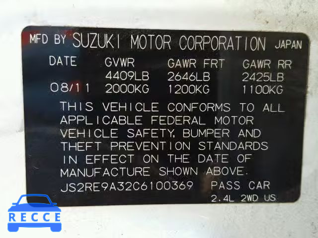 2012 SUZUKI KIZASHI JS2RE9A32C6100369 image 9