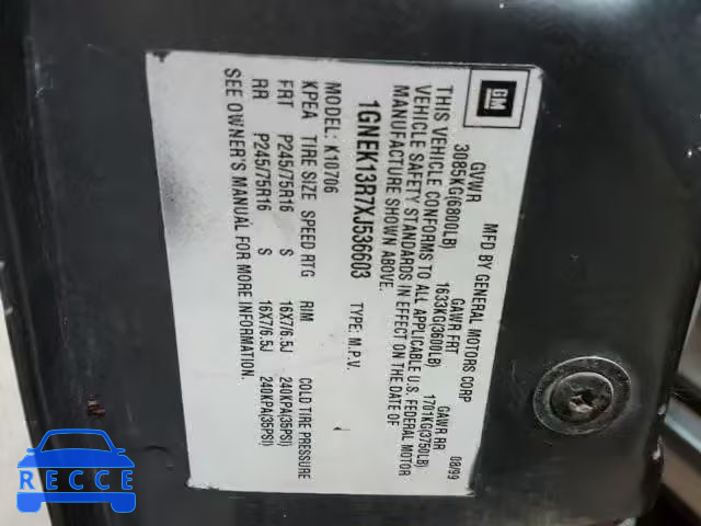 1999 CHEVROLET TAHOE 1GNEK13R7XJ536603 image 9