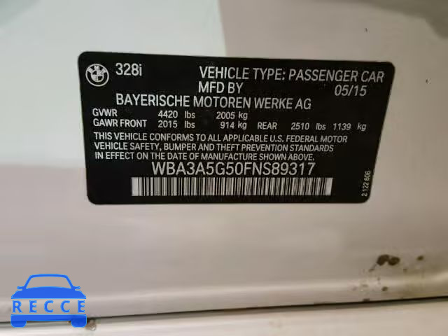 2015 BMW 328 WBA3A5G50FNS89317 зображення 9