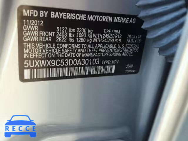 2013 BMW X3 5UXWX9C53D0A30103 зображення 9