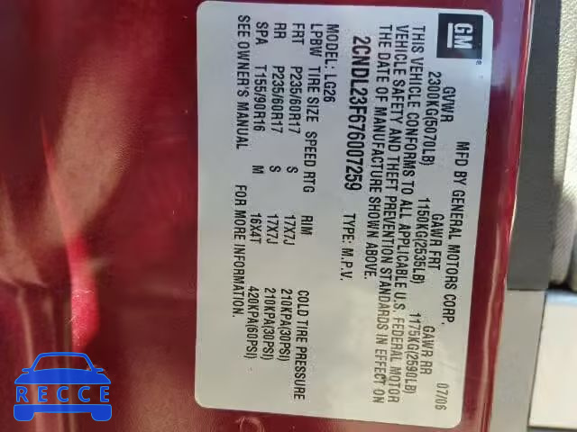 2007 CHEVROLET EQUINOX 2CNDL23F676007259 image 9