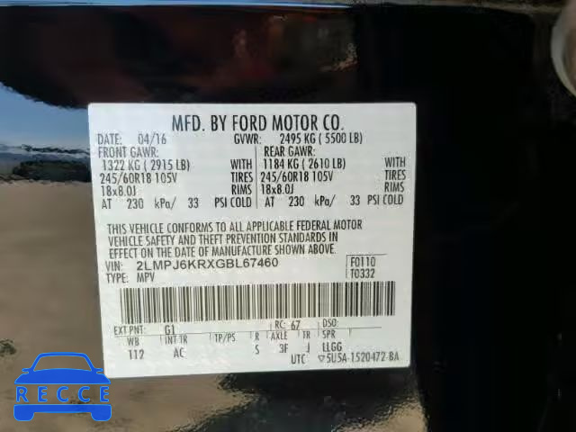 2016 LINCOLN MKX 2LMPJ6KRXGBL67460 Bild 9