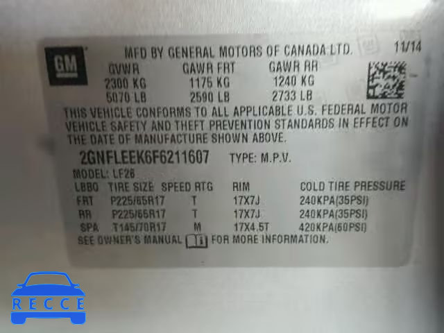 2015 CHEVROLET EQUINOX 2GNFLEEK6F6211607 зображення 9