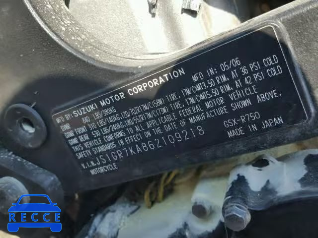 2006 SUZUKI GSX-R750 JS1GR7KA862109218 image 9