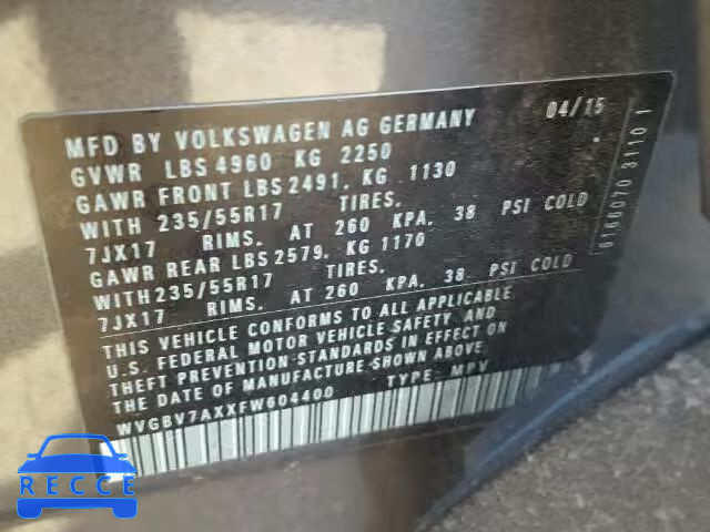 2015 VOLKSWAGEN TIGUAN WVGBV7AXXFW604400 image 9