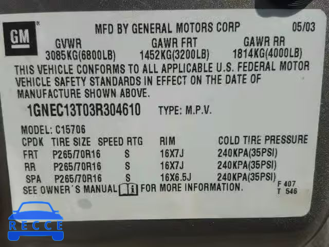 2003 CHEVROLET TAHOE 1GNEC13T03R304610 image 9