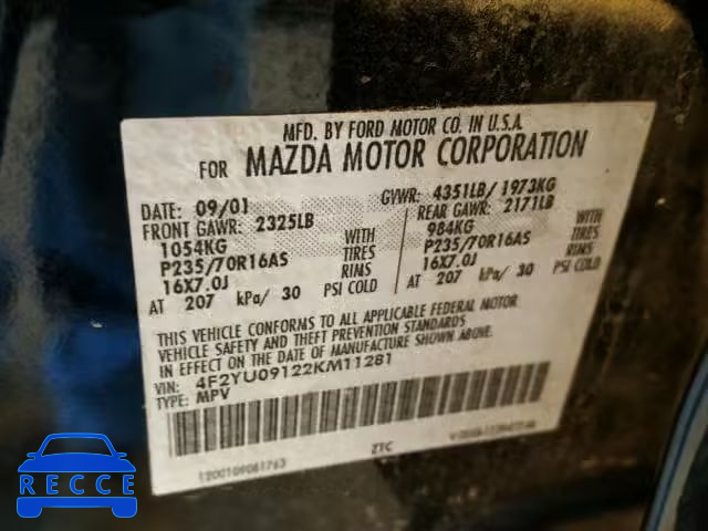 2002 MAZDA TRIBUTE 4F2YU09122KM11281 image 9