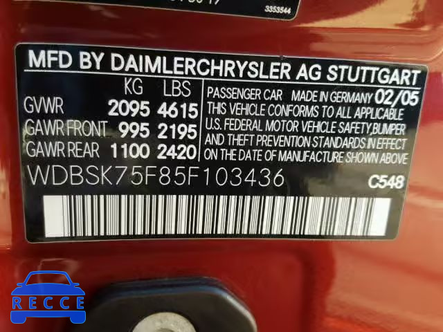 2005 MERCEDES-BENZ SL WDBSK75F85F103436 зображення 9
