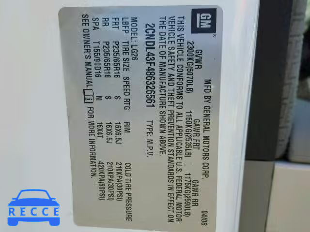 2008 CHEVROLET EQUINOX 2CNDL43F486326561 image 9