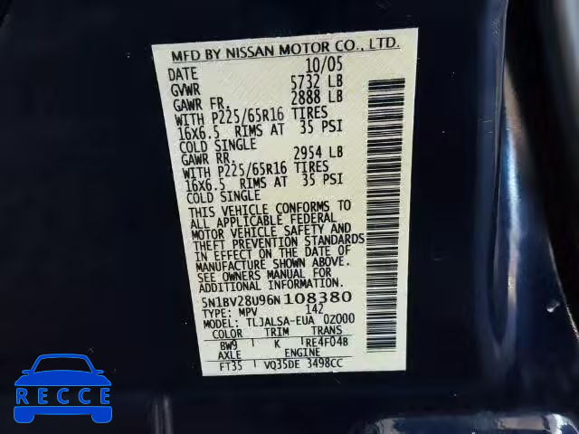 2006 NISSAN QUEST 5N1BV28U96N108380 image 9