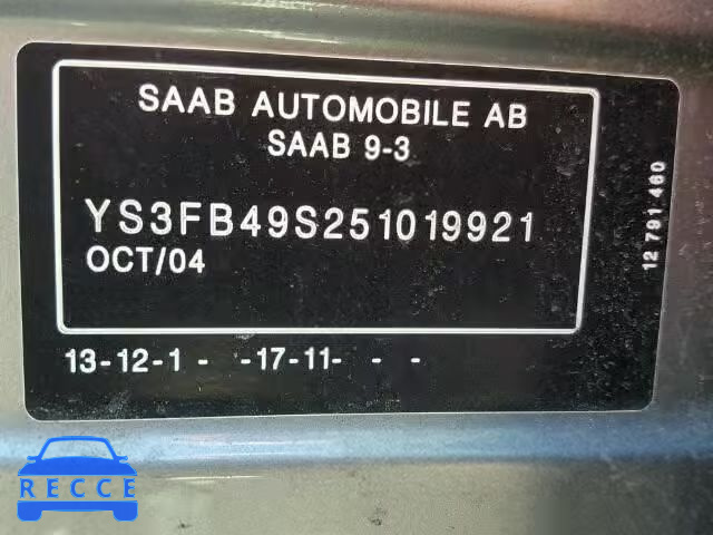 2005 SAAB 9-3 YS3FB49S251019921 зображення 9