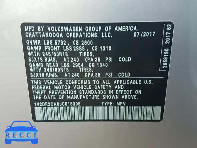 2018 VOLKSWAGEN ATLAS 1V2DR2CA6JC515395 image 9