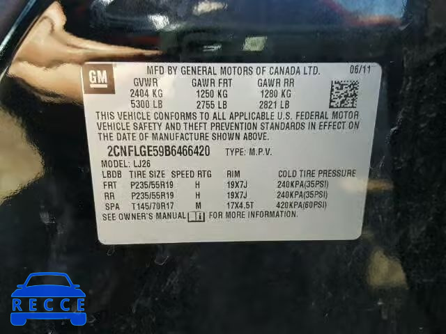 2011 CHEVROLET EQUINOX 2CNFLGE59B6466420 image 9