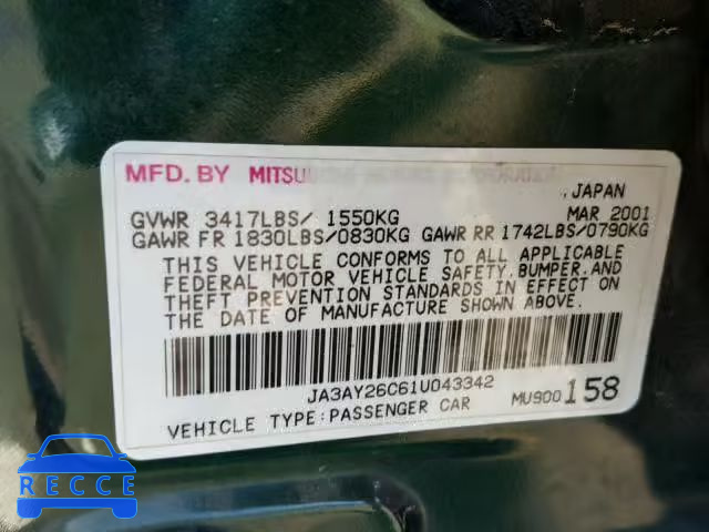 2001 MITSUBISHI MIRAGE JA3AY26C61U043342 image 9