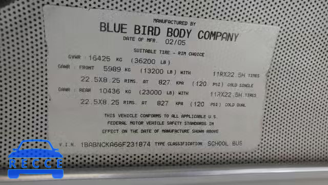 2006 BLUE BIRD SCHOOL BUS 1BABNCKA66F231874 зображення 9