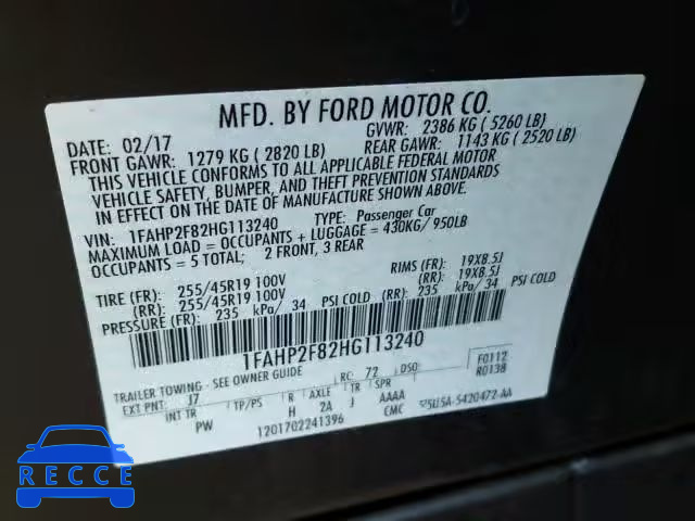 2017 FORD TAURUS 1FAHP2F82HG113240 image 9