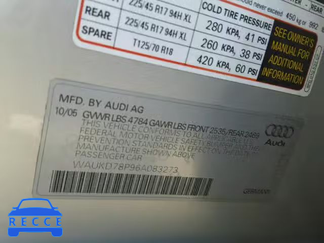 2006 AUDI A3 WAUKD78P96A083273 image 9