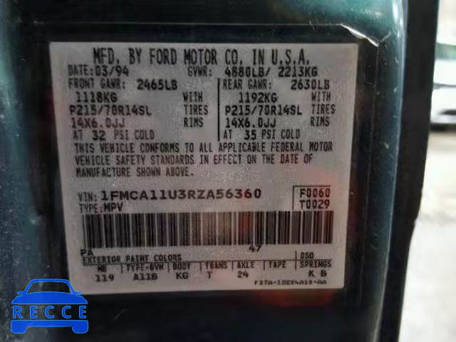 1994 FORD AEROSTAR 1FMCA11U3RZA56360 image 9