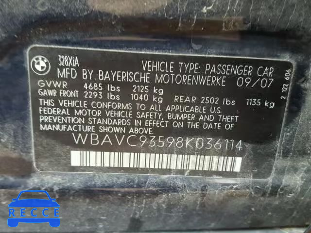 2008 BMW 328 WBAVC93598K036114 зображення 9