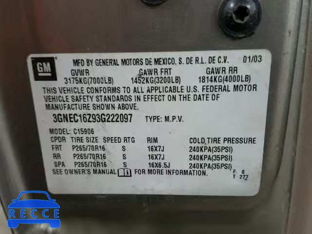 2003 CHEVROLET SUBURBAN 3GNEC16Z93G222097 image 9