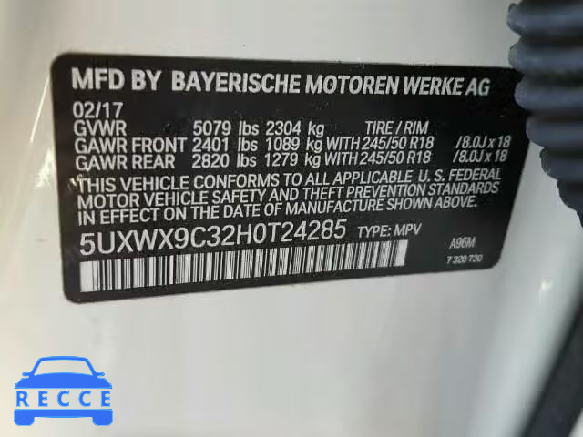 2017 BMW X3 5UXWX9C32H0T24285 image 9