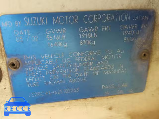 2002 SUZUKI AERIO JS2RC41H625102263 зображення 9