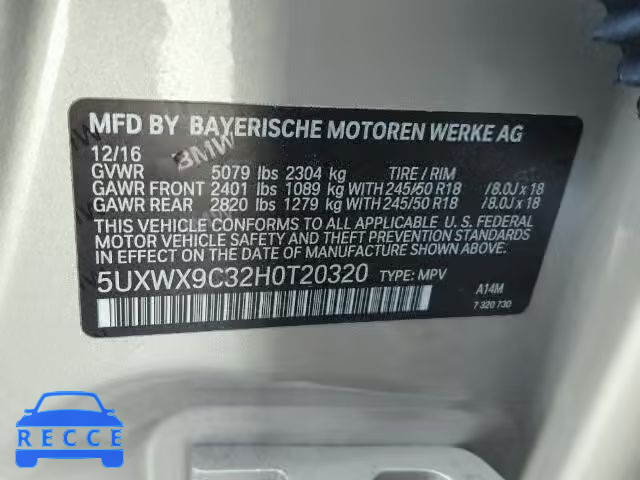 2017 BMW X3 5UXWX9C32H0T20320 image 9