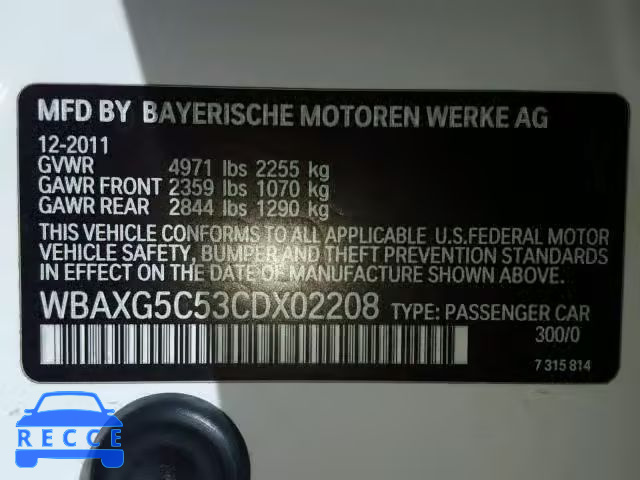 2012 BMW 528 WBAXG5C53CDX02208 зображення 9