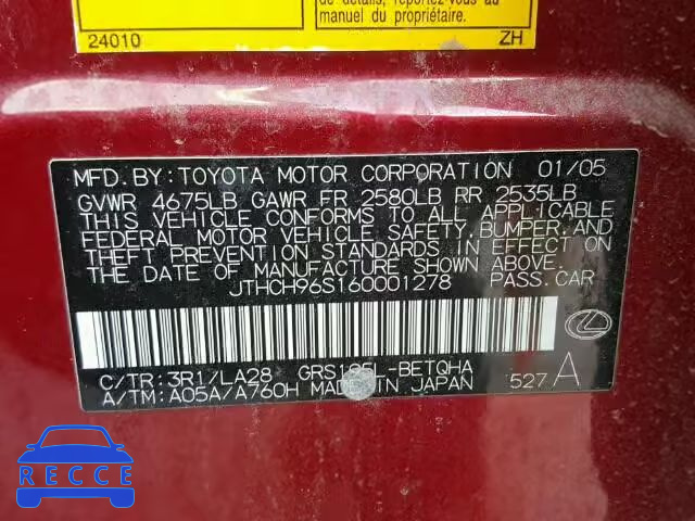 2006 LEXUS GS GENERAT JTHCH96S160001278 image 9