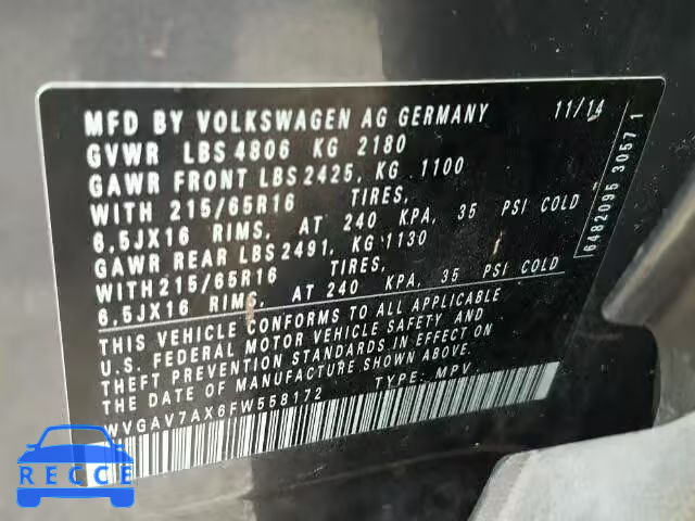 2015 VOLKSWAGEN TIGUAN WVGAV7AX6FW558172 image 9