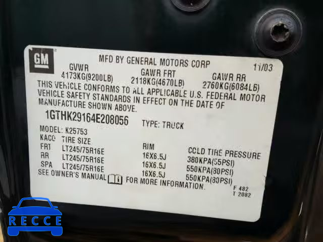 2004 GMC SIERRA 1GTHK29164E208056 image 9