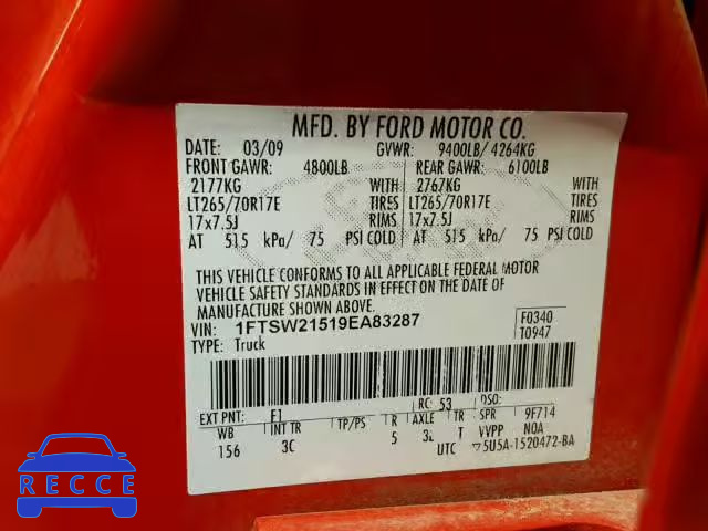 2009 FORD F250 1FTSW21519EA83287 image 9