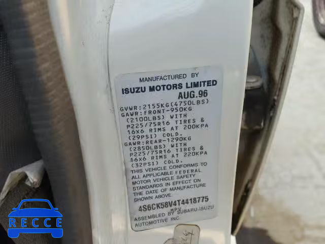 1996 HONDA PASSPORT 4S6CK58V4T4418775 зображення 9