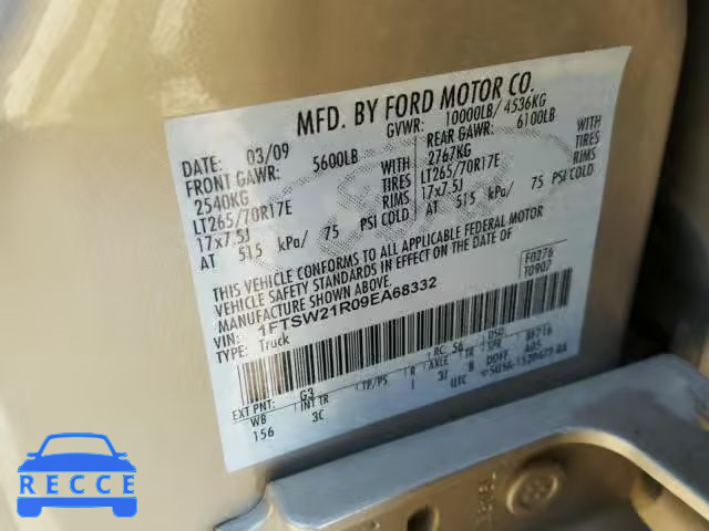 2009 FORD F250 1FTSW21R09EA68332 Bild 9