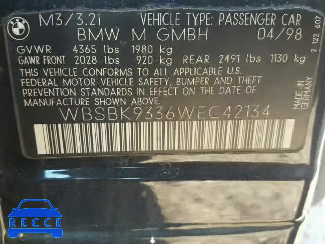 1998 BMW M3 WBSBK9336WEC42134 зображення 9