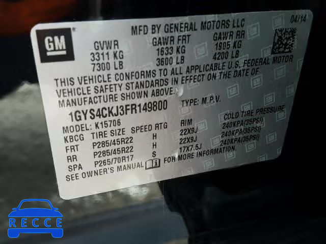 2015 CADILLAC ESCALADE 1GYS4CKJ3FR149800 image 9