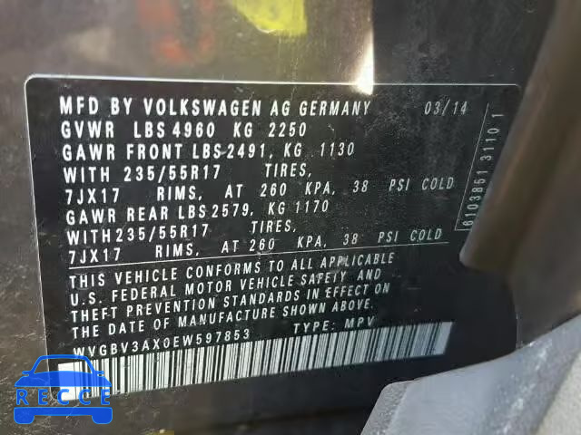 2014 VOLKSWAGEN TIGUAN WVGBV3AX0EW597853 image 9