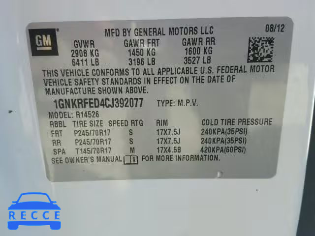 2012 CHEVROLET TRAVERSE 1GNKRFED4CJ392077 image 9