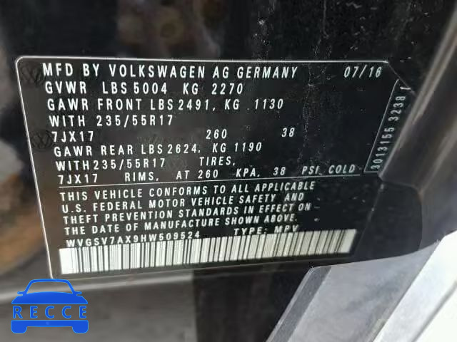 2017 VOLKSWAGEN TIGUAN WVGSV7AX9HW509524 image 9
