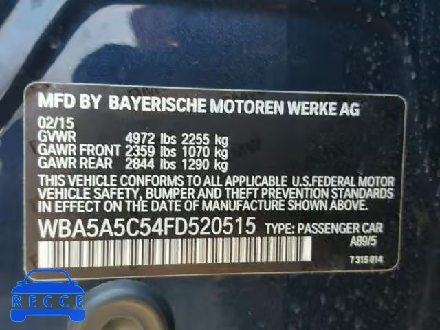 2015 BMW 528 WBA5A5C54FD520515 зображення 9