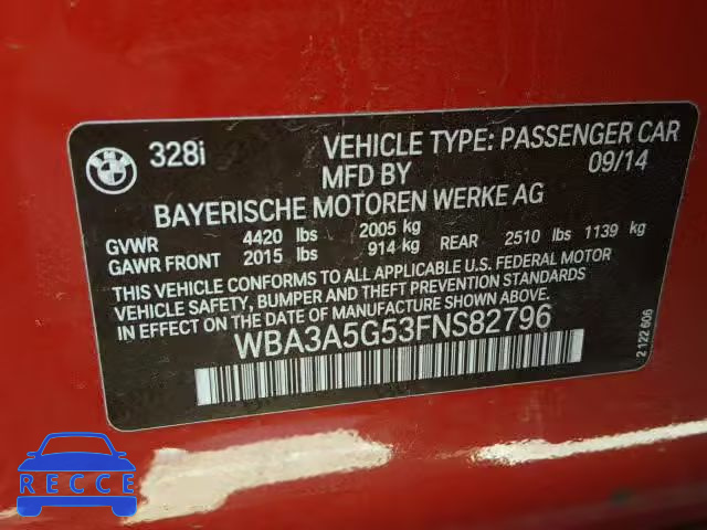 2015 BMW 328 WBA3A5G53FNS82796 зображення 9