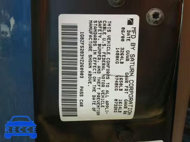 2000 SATURN SL 1G8ZF5283YZ260903 зображення 9