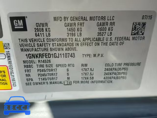 2016 CHEVROLET TRAVERSE 1GNKRFED1GJ110743 image 9